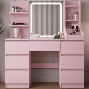 Masuta machiaj cu Oglinda LED si 7 Sertare pentru Cosmetice, Set Masa toaleta 110 cm, Alb / Negru / Roz, masuta cosmetica, vanity - SEA820 - Img 12