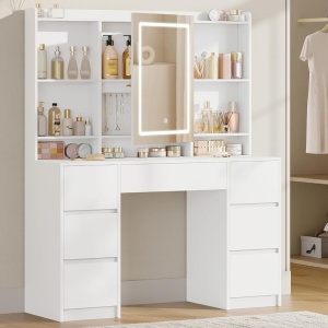 Masuta machiaj cu Oglinda LED si 7 Sertare pentru Cosmetice, Set Masa toaleta 108 cm, Alb, masuta cosmetica, vanity - SEA4