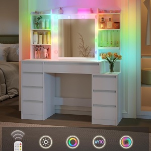 Masuta machiaj cu Oglinda LED si 8 Sertare pentru Cosmetice, Set Masa toaleta 120 cm, Alb, masuta cosmetica, vanity - SEA6