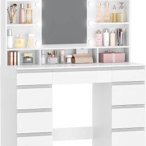 Masuta machiaj cu Oglinda LED si 9 Sertare pentru Cosmetice, Set Masa toaleta 109 cm, Alb, masuta cosmetica, vanity - SEA821 - Img 3