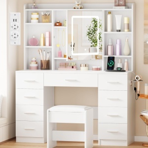 Masuta machiaj cu Oglinda LED si 9 Sertare pentru Cosmetice, Set Masa toaleta 110 cm, Alb, masuta cosmetica, vanity - SEA824 - Img 5