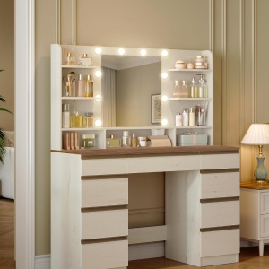 Masuta machiaj cu Oglinda LED si 9 Sertare pentru Cosmetice, Set Masa toaleta 109 cm, Alb, masuta cosmetica, vanity - SEA821 - Img 9