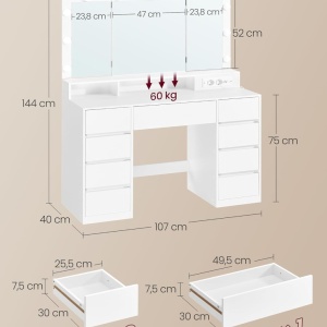 Masuta machiaj cu Oglinda LED si 9 Sertare pentru Cosmetice, Set Masa toaleta 107 cm, Alb, masuta cosmetica, vanity - SEA11 - Img 5