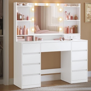 Masuta machiaj cu Oglinda LED si 9 Sertare pentru Cosmetice, Set Masa toaleta 107 cm, Alb, masuta cosmetica, vanity - SEA15