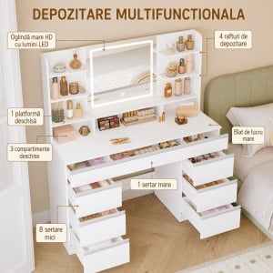Masuta machiaj cu Oglinda LED si 9 Sertare pentru Cosmetice, Set Masa toaleta 109 cm, Alb, masuta cosmetica, vanity - SEA18 - Img 6