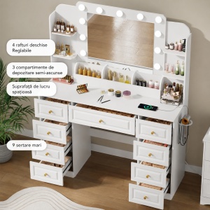 Masuta machiaj cu Oglinda LED si 9 Sertare pentru Cosmetice, Set Masa toaleta 107 cm, Alb, masuta cosmetica cu Priza, USB si USB-C, vanity - SEA205 - Img 6