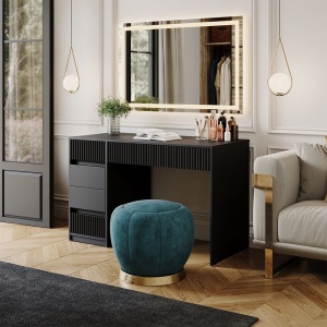Masuta machiaj naegra cu Oglinda LED si 5 Sertare pentru Cosmetice, Set Masa toaleta 120 cm, masuta cosmetica cu Riflaj, vanity - SEN256