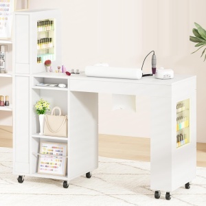 Masuta manichiura alba, 120 cm, birou, masa cosmetica pentru salon cu Aspirator Incorporat, Pernita, Sertare, Dulapuri si Rafturi - MANIA207 - Img 4