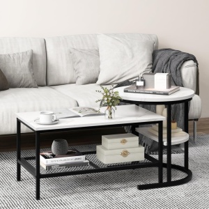 MCAU19 - Set 2 masute de cafea 80 cm si 52 cm, mese pentru living - Alb - Negru / Auriu - Img 10