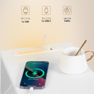 NOA2 - Set 2 Noptiere, 24 cm, foarte inguste, LED, USB si USB-C, Riflaje dormitor - Alb - Auriu - Img 9