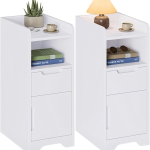 NOA202 - Set 2x Noptiere foarte inguste, 25 cm, cu sertar, dulap si raft - Alb - Img 5