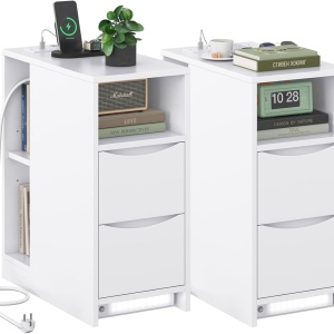 NOA203 - Set 2x Noptiere Smart foarte inguste, 25 cm, cu Priza si USB, LED, 2 sertare si raft - Alb