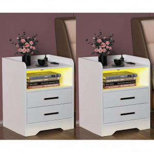 NOA228 - Set 2x Noptiere albe 45 cm, cu 2 sertare, cu LED, Priza si Port USB - Alb-Auriu