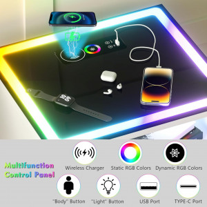 NOA236 - Set 2x Noptiere Alb Lucios, 45 cm, cu 3 sertare si raft, cu LED, USB, Incarcare Wireless, pentru dormitor - Alb-Auriu - Img 6