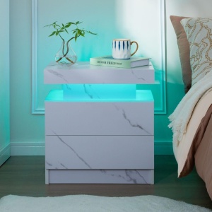 NOA241 - Set 2x Noptiere 49 cm, cu 2 sertare si LED, pentru dormitor - Alb imitatie Marmura - Img 2