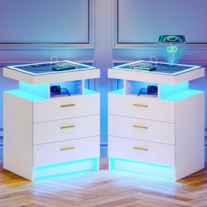 NOA245 - Set 2x Noptiere 45 cm, cu 3 sertare, LED, incarcator Wireless, Senzor Proximitate, USB Type-C, pentru dormitor - Alb/Negru - Auriu