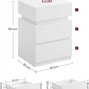 NOA28 - Set 2x Noptiere albe 40x35x55 cm, cu 3 sertare si LED, dormitor - Alb - Img 2