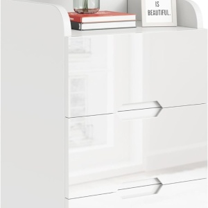 NOA47 - Set 2x Noptiere albe 40x34x63 cm, cu 3 sertare, dormitor - Alb Lucios - Img 3