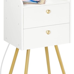 NOA48 - Set 2x Noptiere albe 38x28x66 cm, cu 2 sertare, priza, USB, dormitor - Alb-Auriu - Img 7