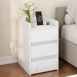 NOA64 - Set 2 Noptiere albe 35 cm, cu 3 sertare Priza si USB, dormitor - Alb Imitatie de Marmura
