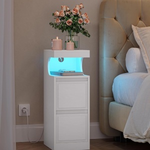 NOA79 - Set 2 Noptiere, 24 cm, foarte inguste, cu LED, 2 Sertare si Raft - Alb - Img 4
