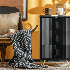 NON12 - Set 2x Noptiere negre 40x40x63cm, riflaje, cu 3 sertare, dormitor - Negru-Auriu - Img 2