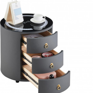NON213 - Set 2x Noptiere Gri rotunde, 40 cm, cu 2 sertare, cu LED si incarcator Wireless, dormitor - Img 3