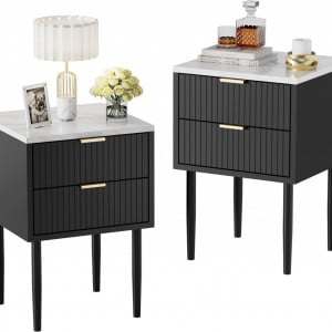 NON216 - Set 2x Noptiere 42.4 cm, cu 2 sertare, pentru dormitor - Negru - Alb