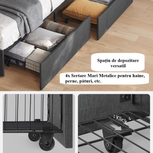 PAG2 - Pat tapitat, 140 sau 160 x 200 cm, cu 4 Sertare, LED, USB si USB-C, Organizatoare Carti - Gri - Img 2