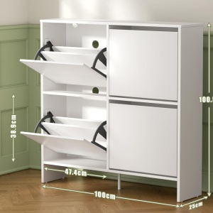 PANA205 - Pantofar 100 cm ingust, 4 compartimente, pantofare, depozitare pantofi, mobilier hol - Alb - Img 4