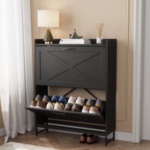 PANA32 - Pantofar 80 cm ingust, 2 compartimente, pantofare, depozitare pantofi, mobilier hol - Alb / Negru - Img 6