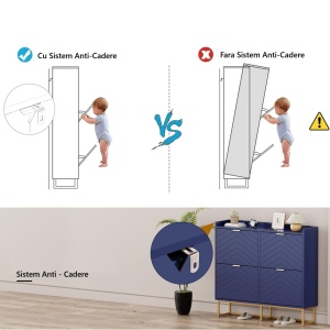 PANN5 - Pantofar 100 cm ingust, 4 compartimente, pantofare, depozitare pantofi, mobilier hol - Negru / Albastru / Gri - Auriu - Img 7