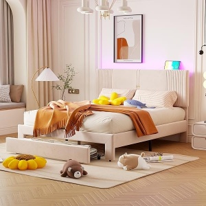 PARC205 - Pat tapitat cu LED si USB, 140 / 160 x 200 cm, cu Sertar - Gri - Img 2