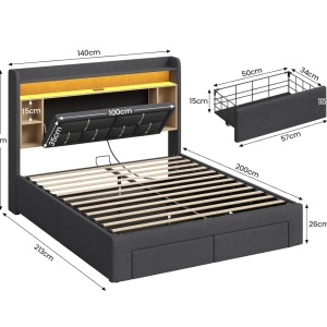 Pat tapitat Gri, 140 x 200 cm, cu USB, USB-C, LED, 2 Sertare, Somiera Hidraulica, Spatiu depozitare si Rafturi - PAG202 - Img 3