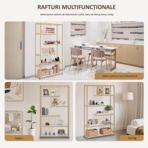 RAAU211 - Raft manichira, 100 cm pentru salon cosmetica, birou, hol, living, baie - Alb imitatie de marmura - Auriu - Img 2