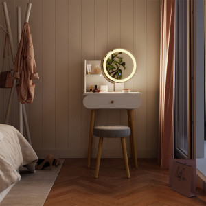 SEA448 - Set Masa toaleta 60 cm cosmetica machiaj, oglinda cu LED, masuta vanity - Alb