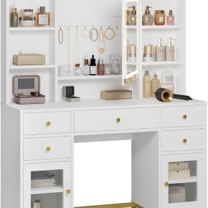 SEA827 - Set Masa toaleta 110 cm, cu Priza si USB, 5 Sertare, rafturi, Oglinda cu LED, Organizator Bijuterii, masuta vanity, make-up - Alb - Auriu - Img 4