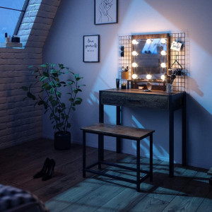 SEM221 - Set Masa toaleta, 80 cm, cosmetica machiaj oglinda cu sau fara LED, masuta vanity, cu sau fara bancuta - Maro stil industrial