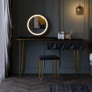 SEN239 - Set Masa toaleta, 120 cm, cosmetica machiaj, oglinda cu LED, masuta vanity, scaun tapitat - Negru-Auriu