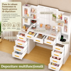 Set Masa toaleta alba 160 cm, cu Priza si USB, cosmetica, machiaj, oglinda cu LED, masuta vanity cu Blat de Sticla, make-up - SEA437 - Img 8