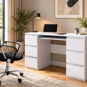 BIA501 - Birou 130 cm, masa office cu 6 sertare - Alb