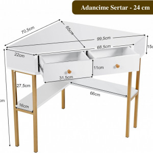 BIA6 - Masa de birou pe colt, 70 cm, home office cu 2 sertare - Alb-Auriu - Img 6