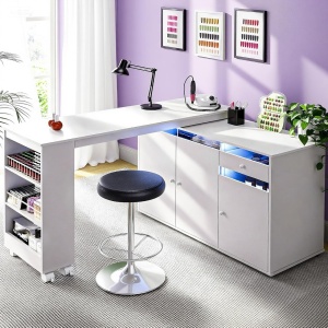 Birou, Masuta manichiura pentru Colt Alba / Neagra, 135 x 114 cm, LED, masa cosmetica pentru salon cu Rafturi deschise si Roti - MANIA217