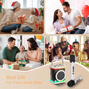 CADC14 - Set Sistem Mini Karaoke si 2 Mini Microfoane, Jucarii copii, Cadou pentru Craciun, Petreceri in familie - Bej - Img 8
