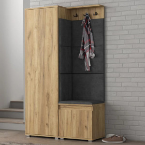 CUI514 - Cuier 104x37x177 cm - 3 agatatori haine, hol, pantofar - Stejar, tapiterie Turcoaz/Gri/Albastru - Img 7