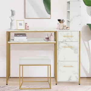 MANIAU209 - Masuta manichiura, 108 cm, birou cu 3 sertare si rafturi, masa cosmetica pentru salon - Alb / Negru - Auriu - Img 11