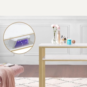 MANIAU210 - Masuta manichiura, 110 cm, birou, masa cosmetica pentru salon cu 1 Sertar si Tavita - Alb - Auriu - Img 4