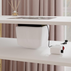 MANIAU211 - Masuta manichiura, 120 cm, birou, masa cosmetica pentru salon cu Aspirator Incorporat, Priza, LED, Sertare si Rafturi - Alb - Auriu - Img 4