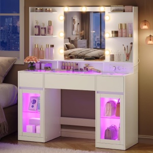 Masuta de machiaj 107 cm, cu Oglinda LED si 3 Sertare pentru Cosmetice, Set Masa toaleta Alba, masuta cosmetica, vanity cu dulapiore si rafturi - SEA21