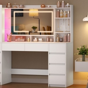 Masuta de machiaj 140 cm, cu Oglinda LED si 10 Sertare pentru Cosmetice, Set Masa toaleta Alba, masuta cosmetica, vanity cu dulapior si rafturi - SEA20 - Img 2